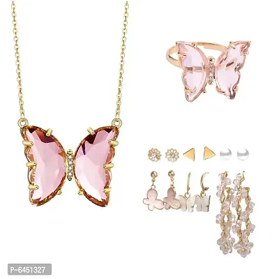 Combo Of Pink Crystal Butterfly Pendant Necklace And Earrings With Ring For Women-thumb0