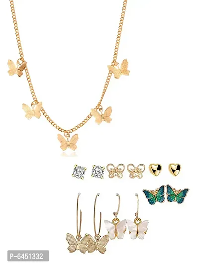 Combo Of Butterfly Pendant Necklace With Earrings Set-thumb0