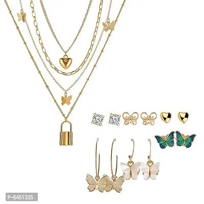 Combo Of Triple Layered Heart Lock And Butterfly Pendant Necklace With Earrings Set For Women