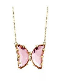Combo Of Pink Crystal Butterfly Pendant Necklace And Earrings With Ring For Women-thumb3