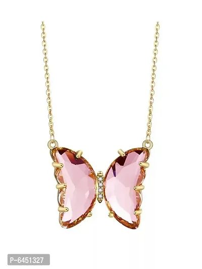Combo Of Pink Crystal Butterfly Pendant Necklace And Earrings With Ring For Women-thumb4