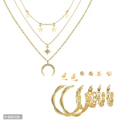 Combo Of Triple Layered Studded Star Moon Pendant Necklace With Earrings Set For Women