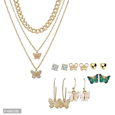 Combo Of Gold Triple Layered Studded Butterfly Pendant Necklace With Earrings Set For Women