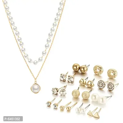 Combo Of Golden Double Layered Pearl Pendant Necklace With Earrings Set For Women