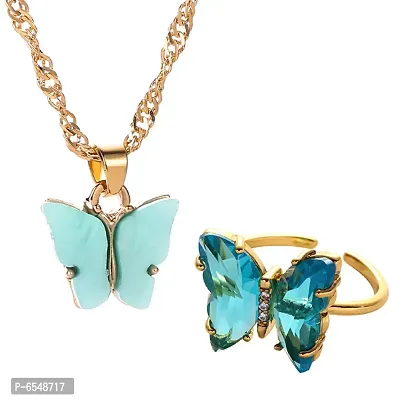 Combo Of Stunning Gold Plated Mariposa Necklace With Crystal Butterfly Ring For Women-thumb0