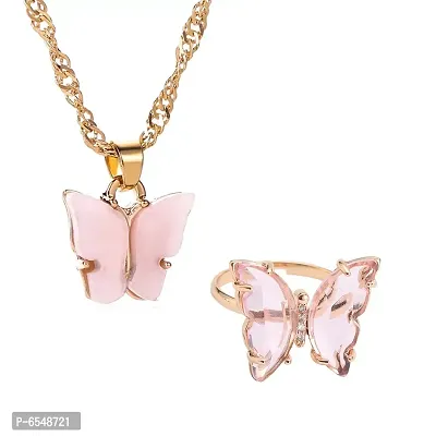 Combo Of Gorgeous Gold Plated Mariposa Necklace With Crystal Butterfly Ring For Women