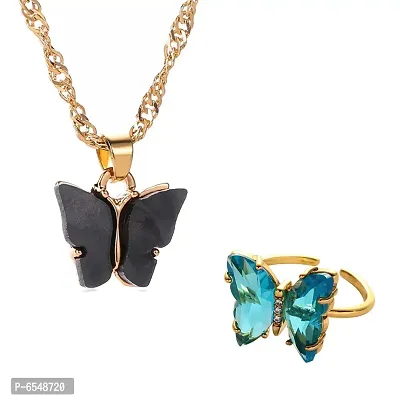 Combo Of Charming Gold Plated Mariposa Necklace With Crystal Butterfly Ring For Women