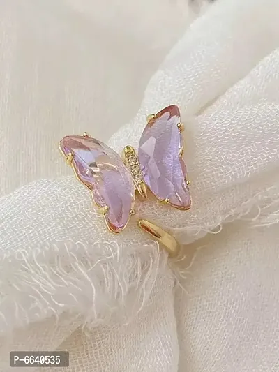 Stylish Combo of Charming Gold Plated Purple Crystal Butterfly Pendant Necklace With Ring For Women and Girl