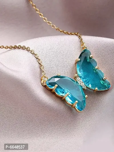 Stylish Combo of Gorgeous Gold Plated Blue Crystal Butterfly Pendant Necklace With Ring For Women and Girl