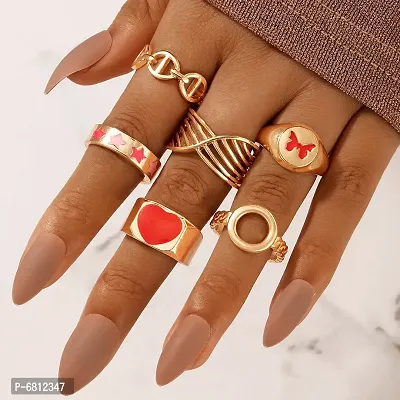 Fancy Red Color Dripping Oil Love Star Heart And Butterfly Ring 6 Pcs European And American Fashion Simple Style Ring Set