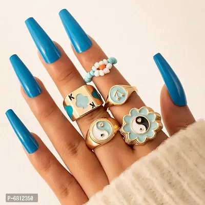 Fancy Tai Chi Rice Bead Flower Playing Card Mushroom Blue 5 Pcs Ring Set For Women And Girls