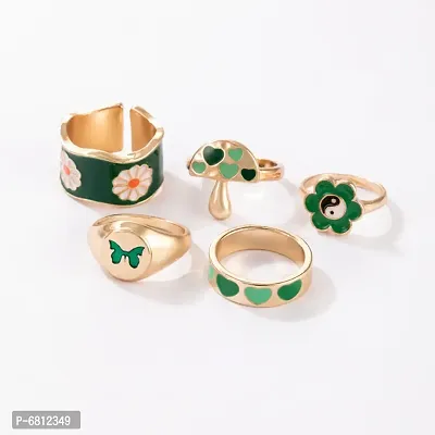 Fancy 5Pcs Green Flower Heart Butterfly Mushroom Ring Set For Women And Girls