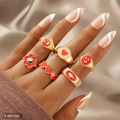 Fancy Fashion Flower Heart Cherry Red 6 Pcs Ring Set For Women And Girls