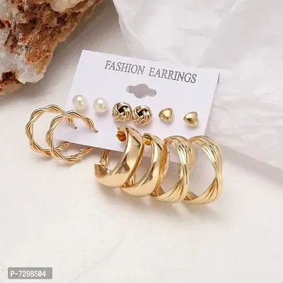 Stylish Fancy Lavish 6 Pair Pearl Marble Big Hoop Earring And Flower Stud Earrings-thumb0