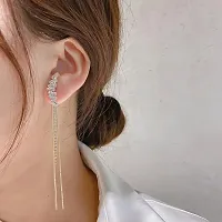 Stylish Korean Gold-plated Long Double Chain Crystal Zircon Studded Tassel Earrings For Women And Girls - 2 Pieces Set-thumb1
