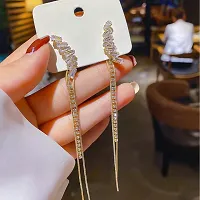 Stylish Korean Gold-plated Long Double Chain Crystal Zircon Studded Tassel Earrings For Women And Girls - 2 Pieces Set-thumb3