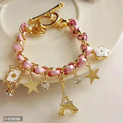 Pink Studded Eiffel Tower Star Charms Adjustable Bracelet For Women And Girls