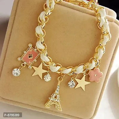 White Studded Eiffel Tower Star Charms Adjustable Bracelet For Women And Girls