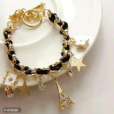 Black Studded Eiffel Tower Star Charms Adjustable Bracelet For Women And Girls