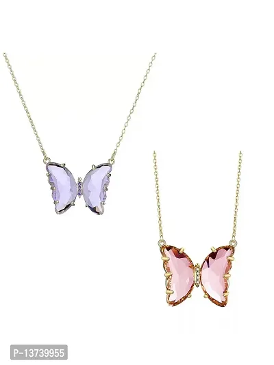 Vembley Combo Of 2 Charming Gold Plated Purple  Pink Crystal Butterfly Pendant Necklace For Women and Girls