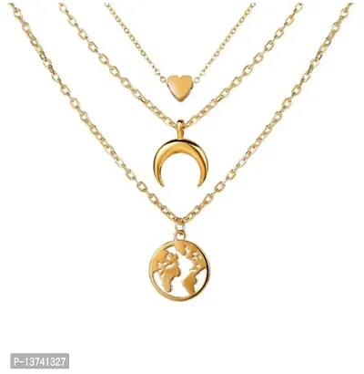 Vembley Gorgeous Gold Plated Triple Layered Heart Moon and Earth Pendant Necklace For Women And Girls-thumb0