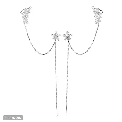 Vembley Korean Silver-Plated Floral Stone Studded Ear Cuff With Long Chain Threader Earrings For Women  Girls 2Pcs/Set