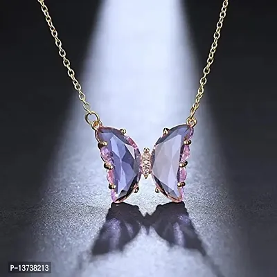 Vembley Pack Of 2 Charming Gold Plated Purple  Pink Crystal Butterfly Pendant Necklace For Women and Girls-thumb5