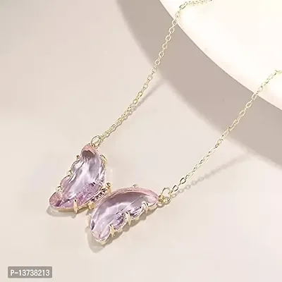 Vembley Pack Of 2 Charming Gold Plated Purple  Pink Crystal Butterfly Pendant Necklace For Women and Girls-thumb2