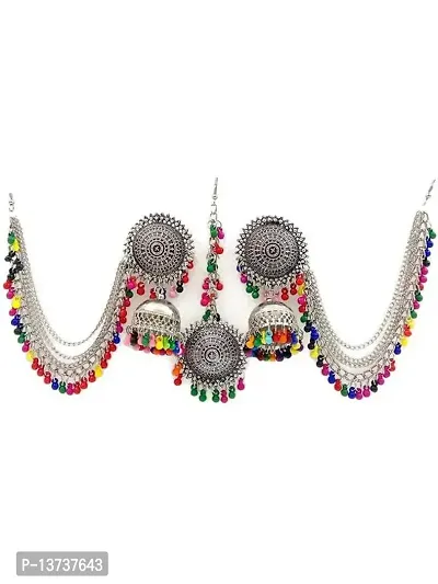 Vembley Traditional Antique Multicolor Beats Bahubali Long Chain Jhumka Earrings With Mang Tikka For Women and Girls-thumb0