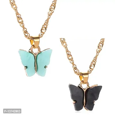 Vembley Combo of 2 Gorgeous Gold Plated Black and Blue Mariposa Pendant Necklace for Women and Girls
