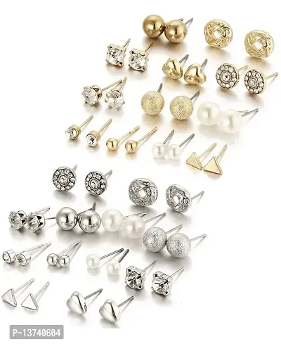 Vembley Combo Of 24 Pair Golden and Silver Studded Pearl Stud Earrings For Women and Girls