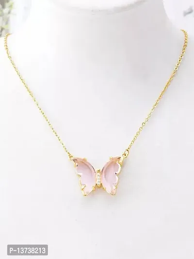 Vembley Pack Of 2 Charming Gold Plated Purple  Pink Crystal Butterfly Pendant Necklace For Women and Girls-thumb3