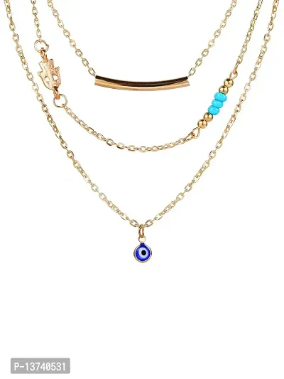 Vembley Pretty Gold Plated Triple Layered Evil Eye Blue Beads Pendant Necklace For Women and Girls
