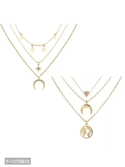 Vembley Pack of 2 Attractive Gold Plated Triple Layered Moon Star  Moon Heart Earth Pendant Necklace For Women and Girls