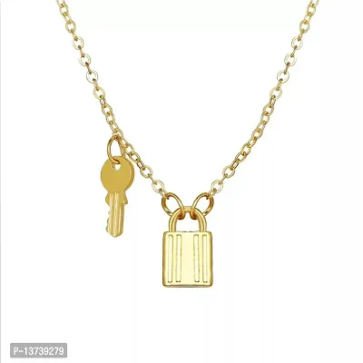 Vembley Charming Gold Plated Lock and Key Pendant Necklace for Women and Girls-thumb2