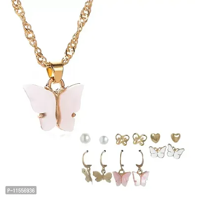 Combo Of Pink Butterfly Pendant Necklace With Earrings Set For Women-thumb0