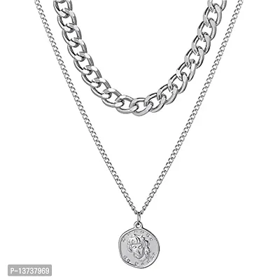 Vembley Charming Silver Plated Double Layered Vintage Coin Pendant Necklace for Women and Girls-thumb0