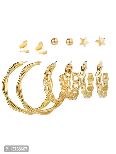 Vembley Combo Of 6 Golden Palin Star Butterfly and Big Hoop Earrings For Women and Girls