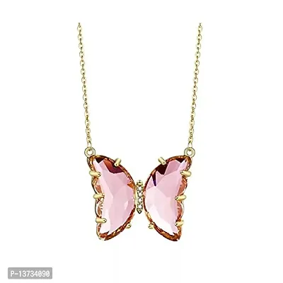 Vembley Lovely Gold Plated Pink Crystal Butterfly Pendant Necklace for Women and Girls-thumb0