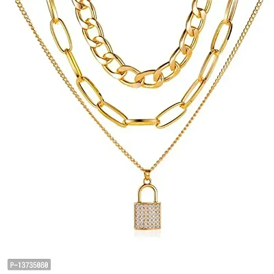 Vembley Stylish Golden Triple Layered Chunky Chain Studded Lock Pendant Necklace for Women and Girls-thumb0