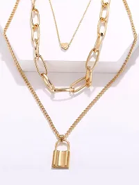 Vembley Stunning Gold Plated Triple Layered Heart and Lock Pendant Necklace-thumb3