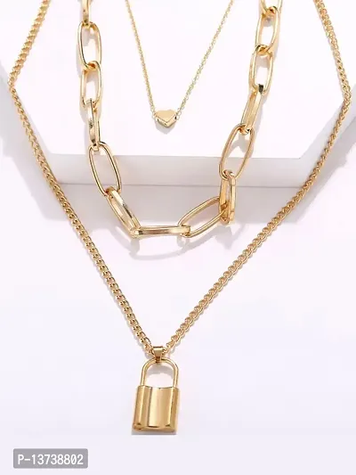 Vembley Stunning Gold Plated Triple Layered Heart and Lock Pendant Necklace-thumb4
