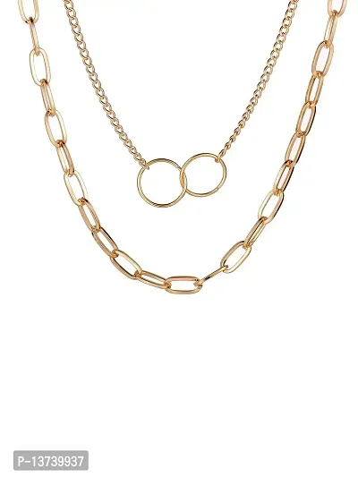 Vembley Pretty Gold Plated Double Layered Chunky Chain Link and Double Circle Ring Pendant Necklace For Women and Girls-thumb0