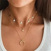 Vembley Pack Of 2 Charming Gold Plated Triple Layered Stars Half Moon and Earth Pendant Necklace for Women and Girls-thumb2