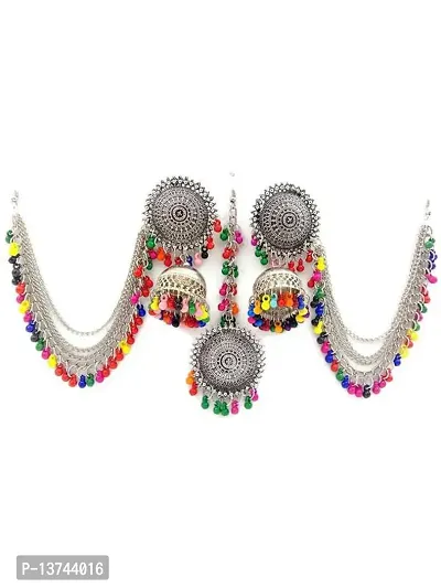 Vembley Traditional Antique Multicolor Beats Bahubali Long Chain Jhumka Earrings With Mang Tikka For Women and Girls