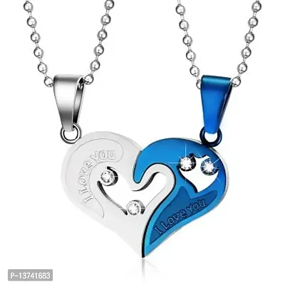 Vembley Loveable Blue Silver Stainless Steel I Love You Broken Heart Pendant Necklace-thumb0