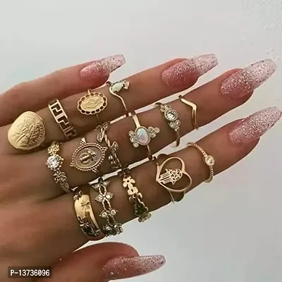 Vembley Gold Plated 15 Piece Vintage Coin Knuckle Cross Good Luck Gemstone Ring Set For Women And Girls.-thumb2