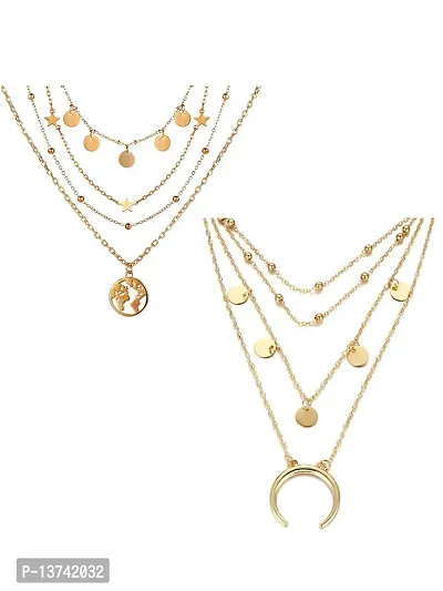 Vembley Pack Of 2 Gorgeous Gold Plated Triple Layered Beads, Coin, Star and Earth Pendant Necklace for Women and Girls