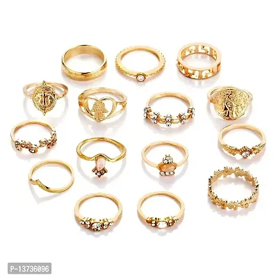 Vembley Gold Plated 15 Piece Vintage Coin Knuckle Cross Good Luck Gemstone Ring Set For Women And Girls.-thumb0