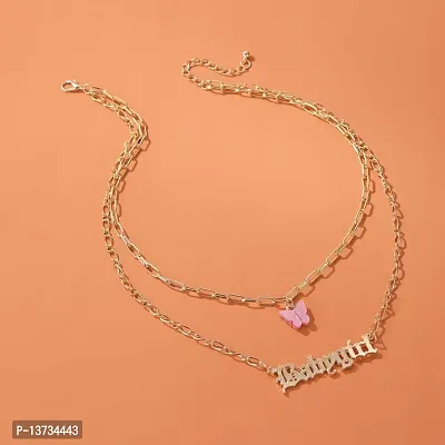Vembley Stunning Gold Plated Double Layered Pink Butterfly and Babygirl Word Necklace for Women and Girls-thumb2